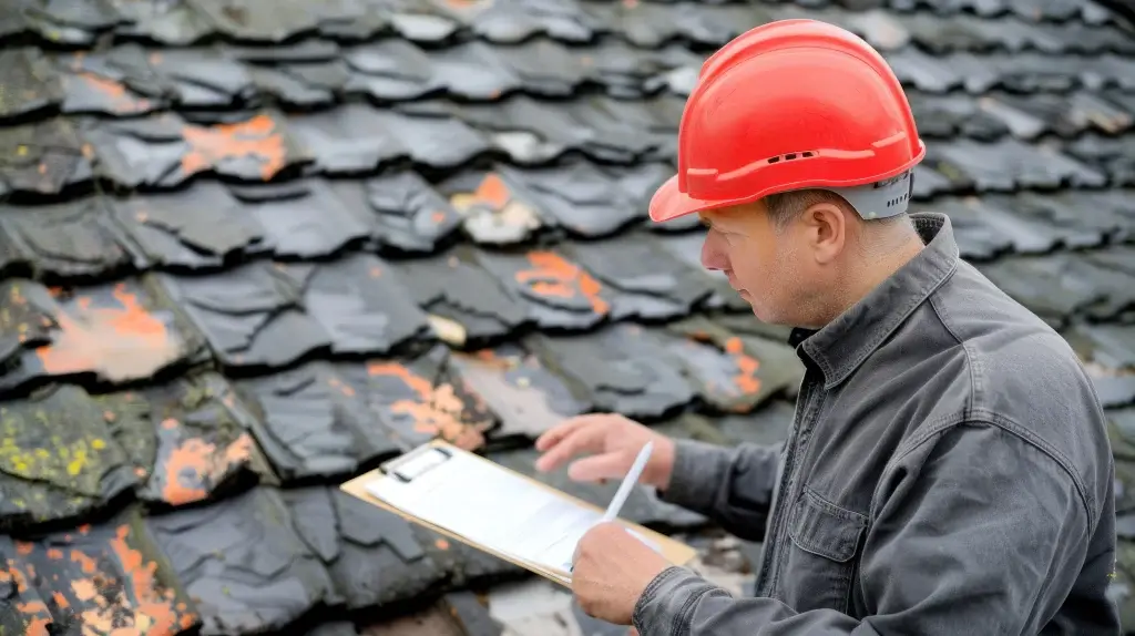 Man in a red hard hat inspecting a roof with slate shingles, holding a clipboard and taking notes for a roof inspection.