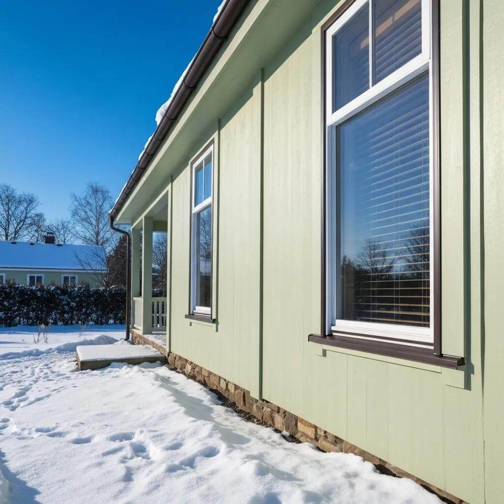 Green house exterior with double-pane windows, snow-covered ground, and clear blue sky, highlighting energy-efficient window design for cold climates.