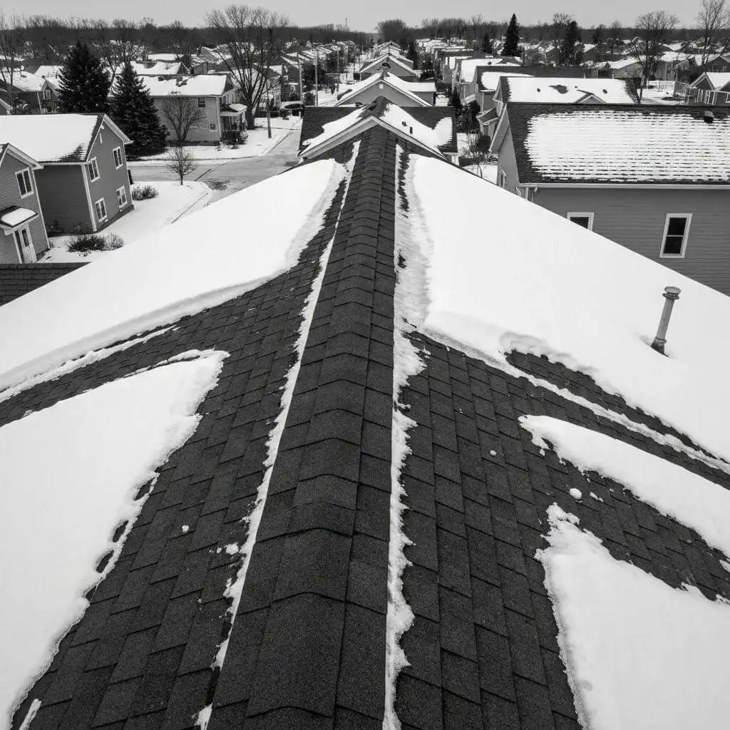 A roof covered in snow with visible ice dams, illustrating the significant impact of Duluth's severe weather on roofing needs