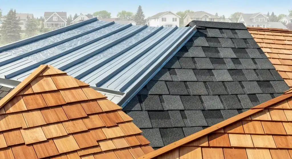 A display of various roofing materials, including sleek metal panels, classic asphalt shingles, and natural cedar shingles, all suitable for Duluth's climate
