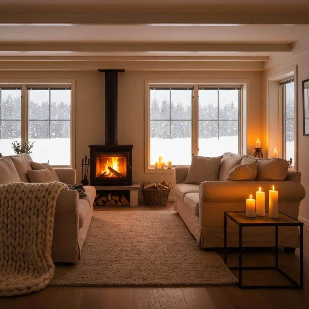 Cozy living room with large windows showing snowy landscape, featuring a wood stove, candles, and comfortable seating, illustrating warmth and comfort in cold climates.