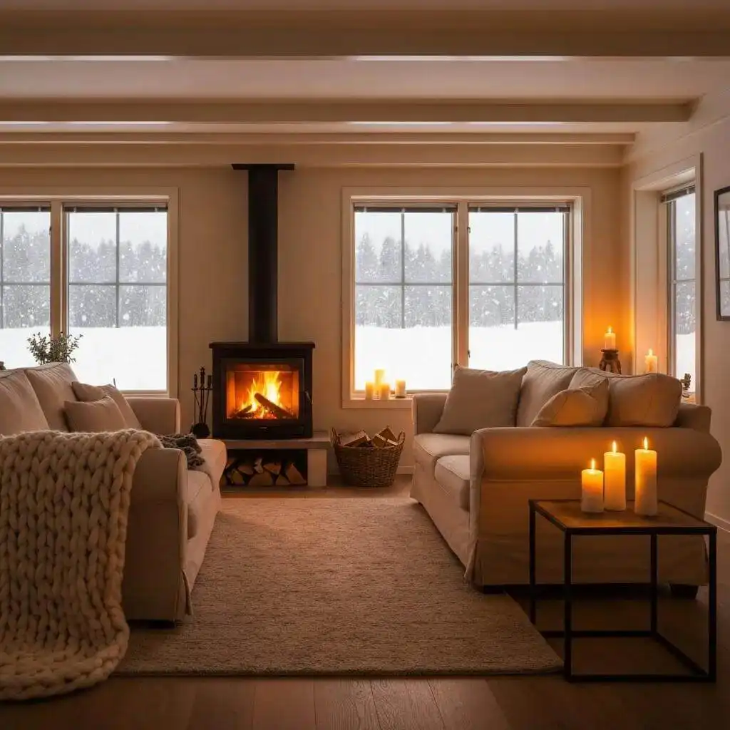 Cozy living room with energy-efficient windows in a snowy northern landscape