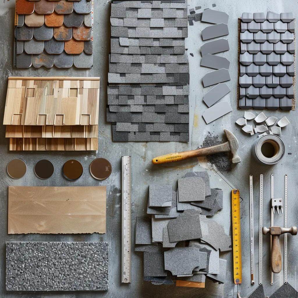 Assorted roofing materials including asphalt shingles, wooden shakes, and metal tiles, alongside tools like a hammer, measuring rulers, and color samples, illustrating options for roof repair and material selection in Hermantown, MN.