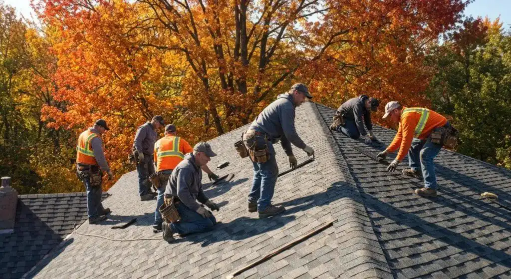 Skilled local roofing contractors expertly working on a residential roof in Duluth, MN, highlighting their professionalism and dedication