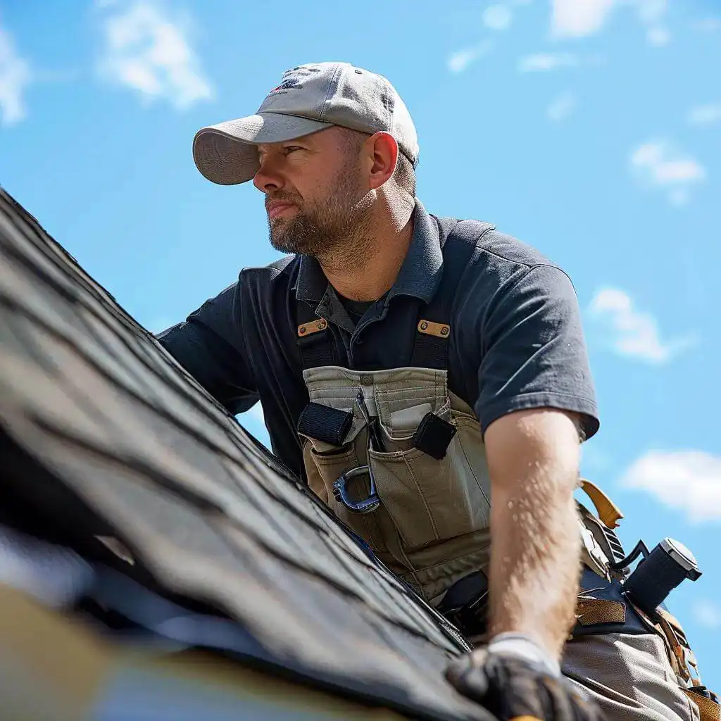 Professional roofer inspecting a residential roof in Hermantown, MN, highlighting affordable roof repair options
