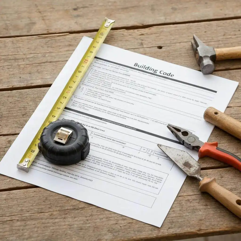 Building code documents and construction tools, symbolizing local regulations for Hermantown, MN roofing contractors