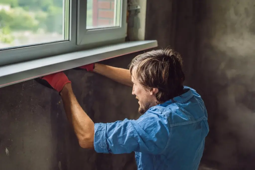 Man installing a new basement window, demonstrating window replacement techniques for improved home energy efficiency and comfort.