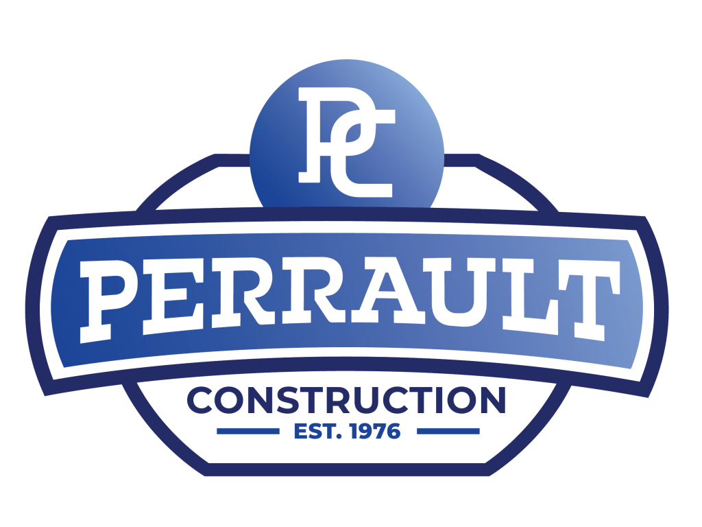 Perrault Construction logo featuring blue and white colors, emphasizing roofing services in Duluth MN, established in 1976.